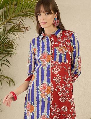 Floral Printed Shirt Collar Cotton Straight Kurti & Trousers 3