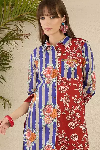 Floral Printed Shirt Collar Cotton Straight Kurti & Trousers