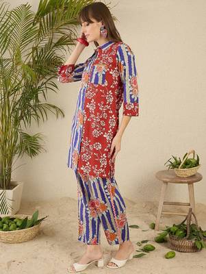 Floral Printed Shirt Collar Cotton Straight Kurti & Trousers 4
