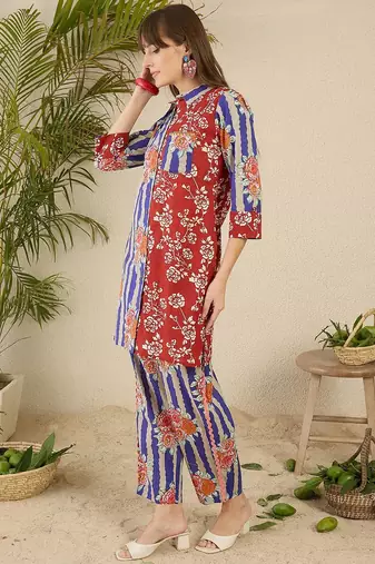Floral Printed Shirt Collar Cotton Straight Kurti & Trousers
