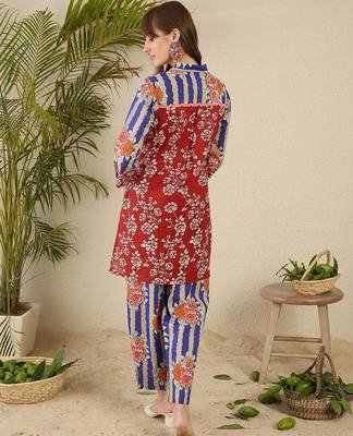 Floral Printed Shirt Collar Cotton Straight Kurti & Trousers 5