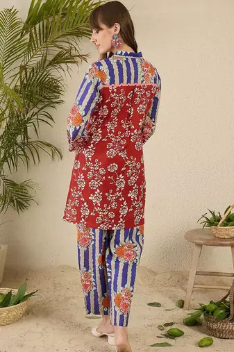 Floral Printed Shirt Collar Cotton Straight Kurti & Trousers