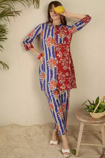 Floral Printed Shirt Collar Cotton Straight Kurti & Trousers