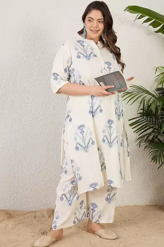 Plus Size Off White Printed Straight Kurta Palazzos Set