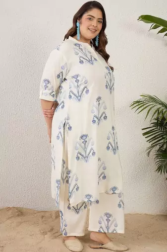 Plus Size Off White Printed Straight Kurta Palazzos Set