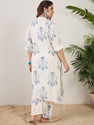 Plus Size Off White Printed Straight Kurta Palazzos Set 4
