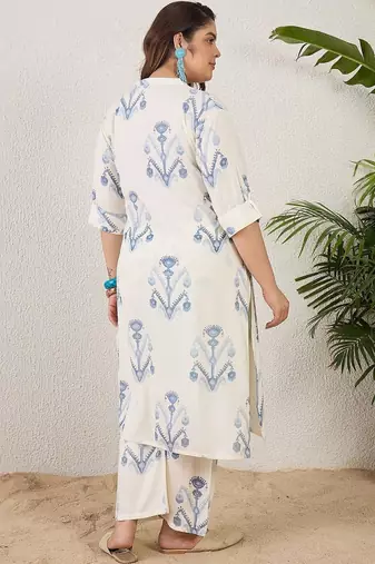 Plus Size Off White Printed Straight Kurta Palazzos Set