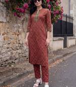 Women Ethnic Motifs Printed Thread Work Cotton Kurta with Trousers