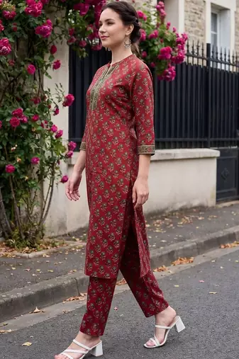 Women Ethnic Motifs Printed Thread Work Cotton Kurta with Trousers