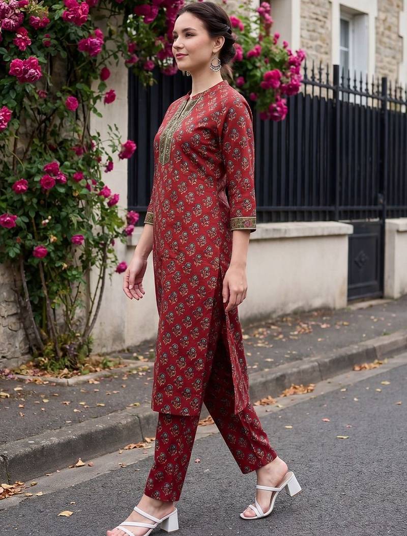 Women Ethnic Motifs Printed Thread Work Cotton Kurta with Trousers