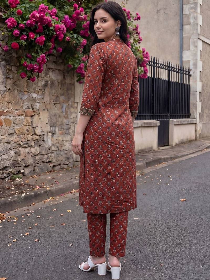 Women Ethnic Motifs Printed Thread Work Cotton Kurta with Trousers