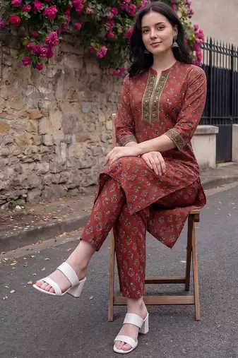 Women Ethnic Motifs Printed Thread Work Cotton Kurta with Trousers
