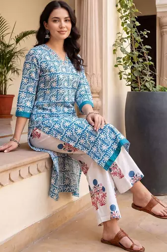 Women Floral Printed Thread Work Cotton Kurta with Trousers