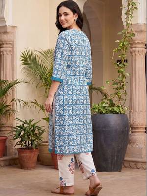 Women Floral Printed Thread Work Cotton Kurta with Trousers 6