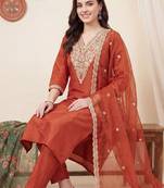 Women Ethnic Motifs Embroidered Kurta with Trousers & With Dupatta