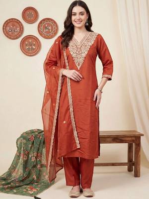 Women Ethnic Motifs Embroidered Kurta with Trousers & With Dupatta 6