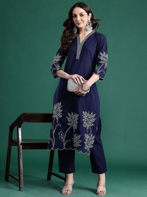 Floral Embroidered Cotton Kurta with Trousers 1