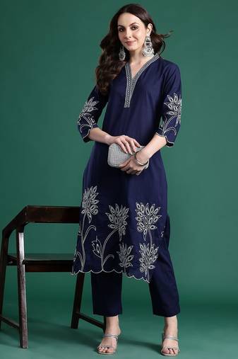 Floral Embroidered Cotton Kurta with Trousers
