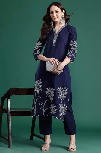 Floral Embroidered Cotton Kurta with Trousers