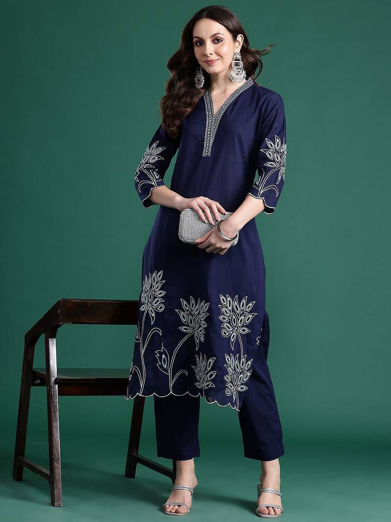Floral Embroidered Cotton Kurta with Trousers