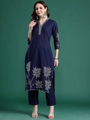 Floral Embroidered Cotton Kurta with Trousers 6