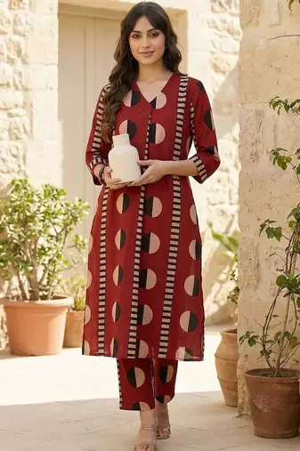 Women Printed Cotton Kurta with Trousers