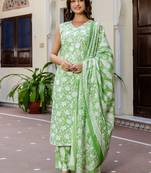 Floral Printed Cotton Kurta With Trousers & Dupatta