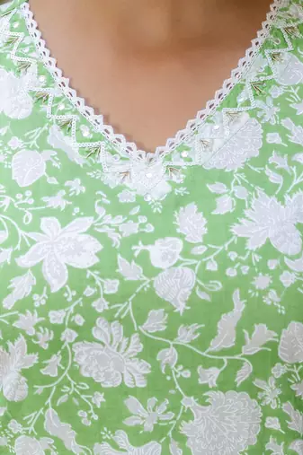 Floral Printed Cotton Kurta With Trousers & Dupatta