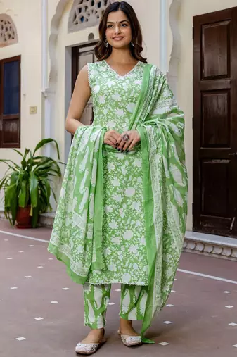 Floral Printed Cotton Kurta With Trousers & Dupatta