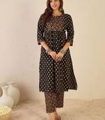 Women Printed Pleated Mirror Work Cotton Kurta with Trousers