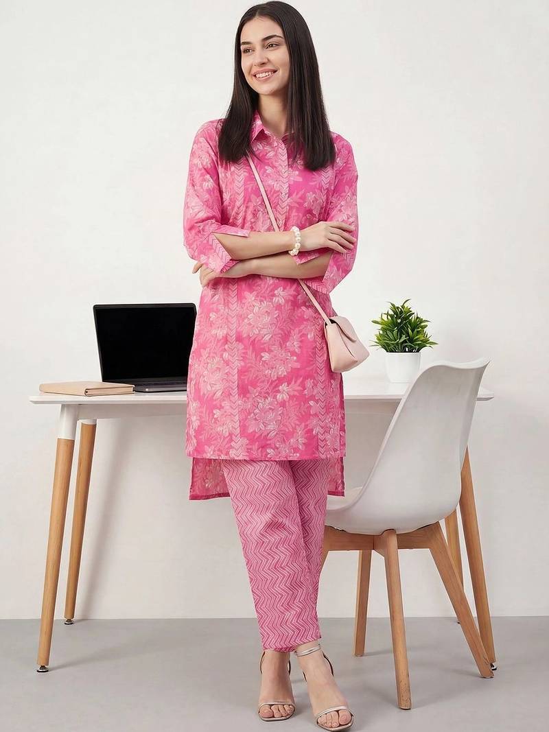 Women Floral Printed Cotton Kurta with Trousers