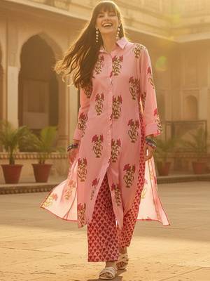 Floral Printed Shirt Collar Cotton Straight Kurta With Trousers 1