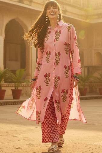 Floral Printed Shirt Collar Cotton Straight Kurta With Trousers