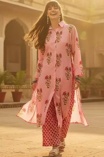 Floral Printed Shirt Collar Cotton Straight Kurta With Trousers