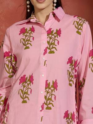 Floral Printed Shirt Collar Cotton Straight Kurta With Trousers 2