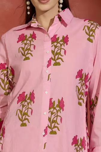 Floral Printed Shirt Collar Cotton Straight Kurta With Trousers