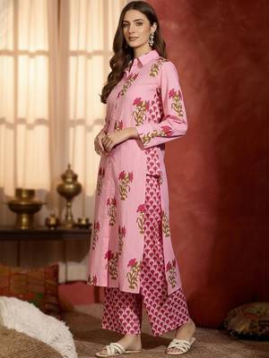 Floral Printed Shirt Collar Cotton Straight Kurta With Trousers 3