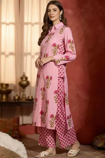 Floral Printed Shirt Collar Cotton Straight Kurta With Trousers