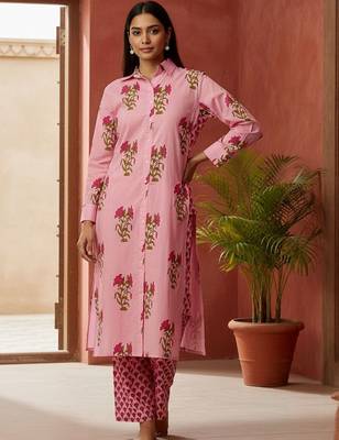 Floral Printed Shirt Collar Cotton Straight Kurta With Trousers 4