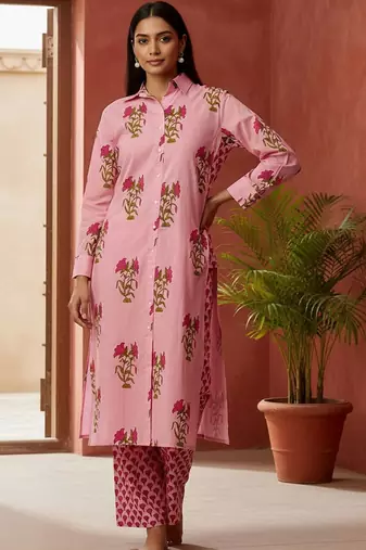 Floral Printed Shirt Collar Cotton Straight Kurta With Trousers