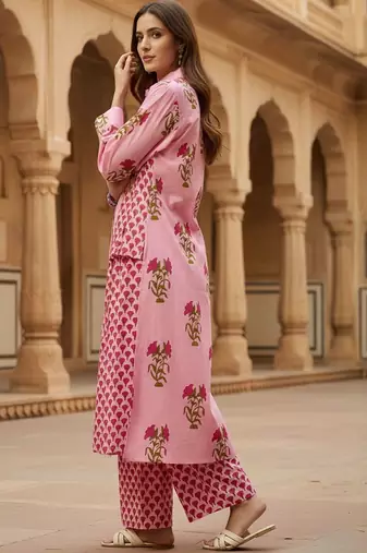 Floral Printed Shirt Collar Cotton Straight Kurta With Trousers