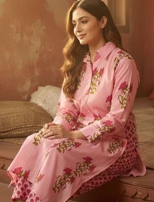 Floral Printed Shirt Collar Cotton Straight Kurta With Trousers 6