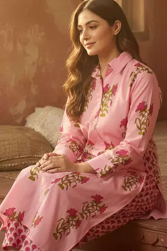 Floral Printed Shirt Collar Cotton Straight Kurta With Trousers