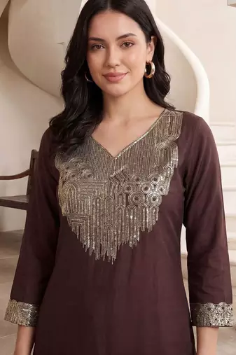 Women Embroidered Sequinned Kurta with Trousers
