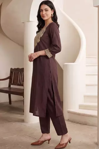 Women Embroidered Sequinned Kurta with Trousers