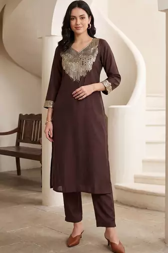 Women Embroidered Sequinned Kurta with Trousers
