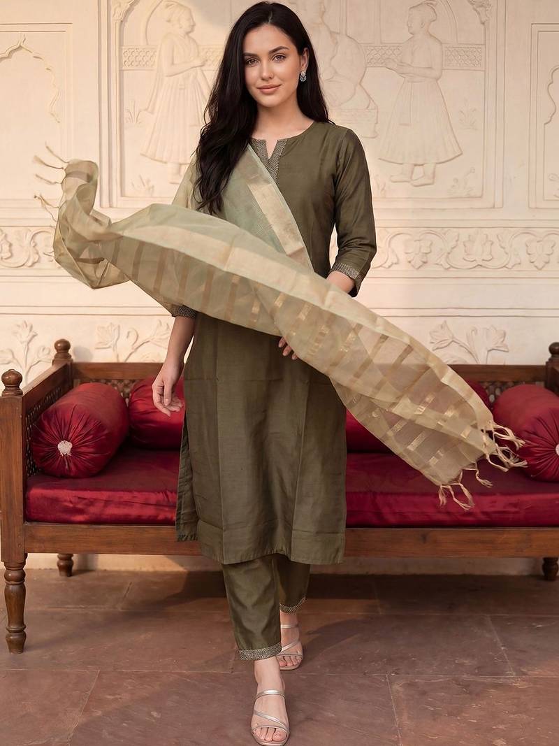 Women Ethnic Motifs Embroidered Thread Work Kurta with Trousers & With Dupatta