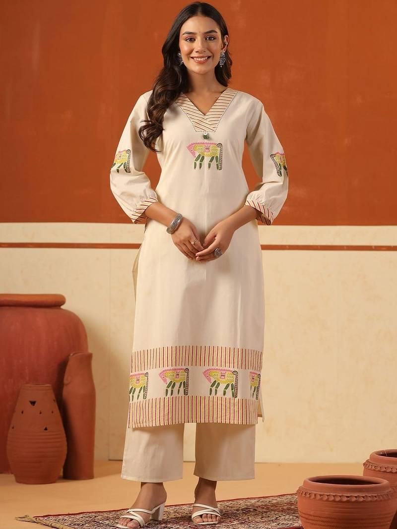 Women Ethnic Motifs Printed Thread Work Cotton Kurta with Trousers