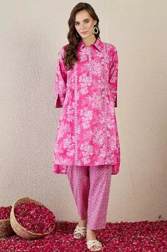 Floral Printed A-Line Cotton Kurta With Trouser