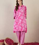 Floral Printed A-Line Cotton Kurta With Trouser